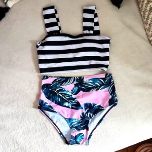 New Palm leaf and striped bikini. Pink and Green Black and White